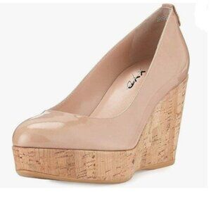 XYD Nude Round Toe Wood Platform Pumps Slip On Patent Wedge Cork High Heel Shoes